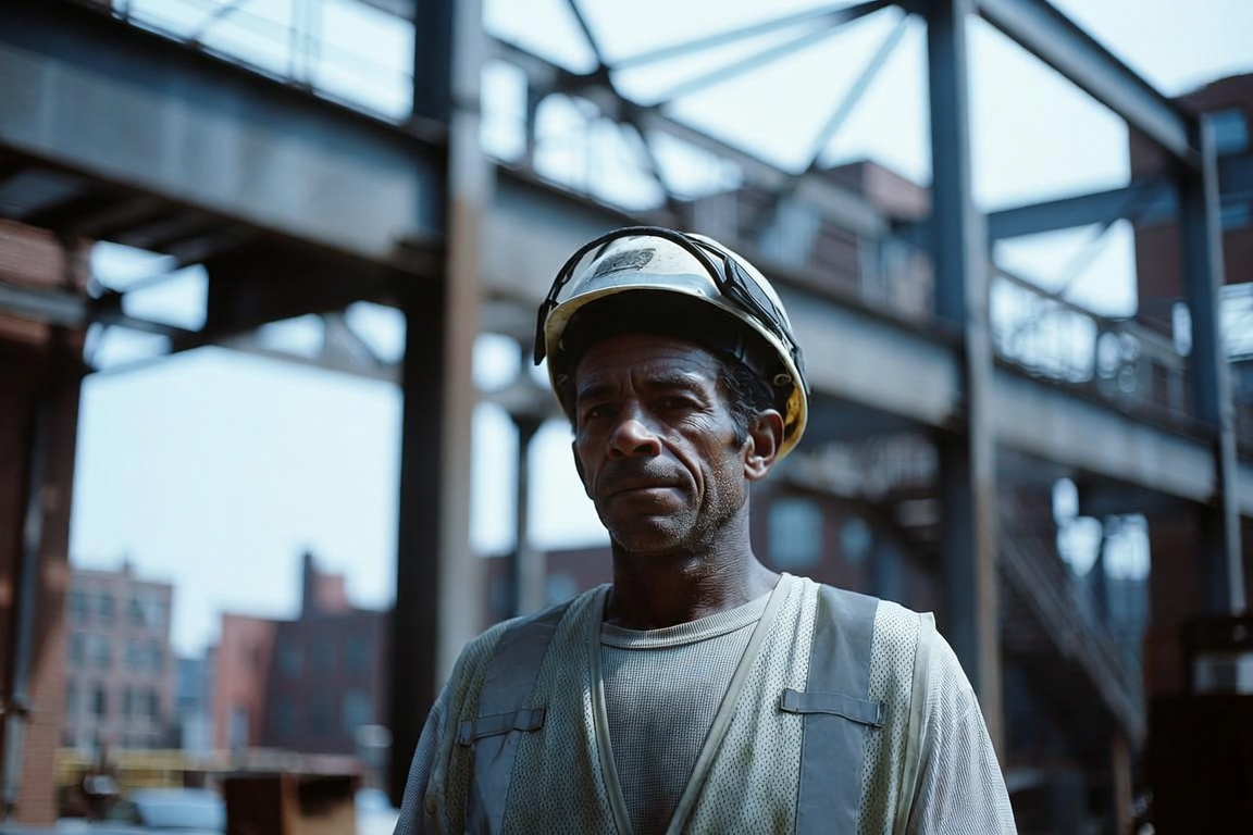 Construction worker in a hard hat and hi-vis vest at a Cleveland, Ohio job site