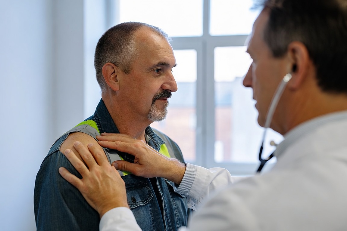 Workers' compensation doctor examining an injured worker's shoulder at a Cleveland work injury clinic