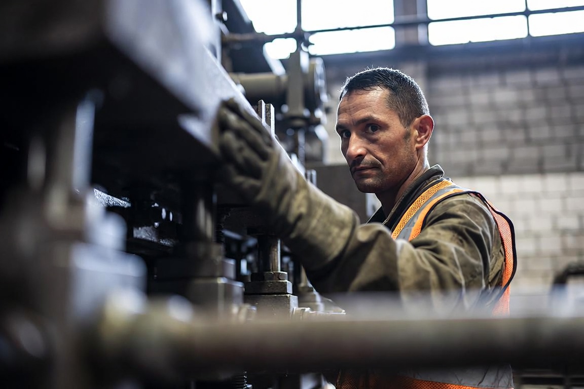 Manufacturing worker beside industrial machinery on Cleveland's East Side