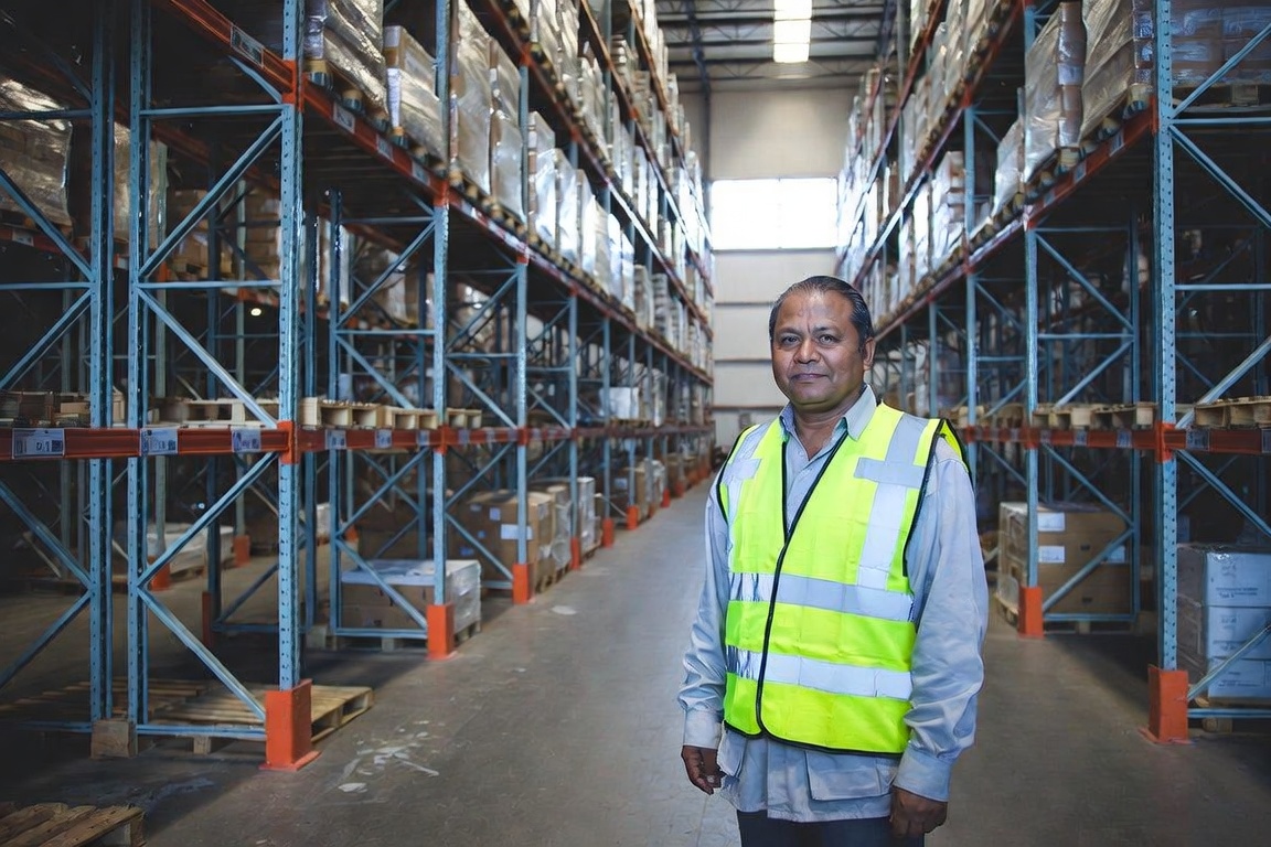 Warehouse worker in a hi-vis vest at a distribution center on Cleveland's West Side