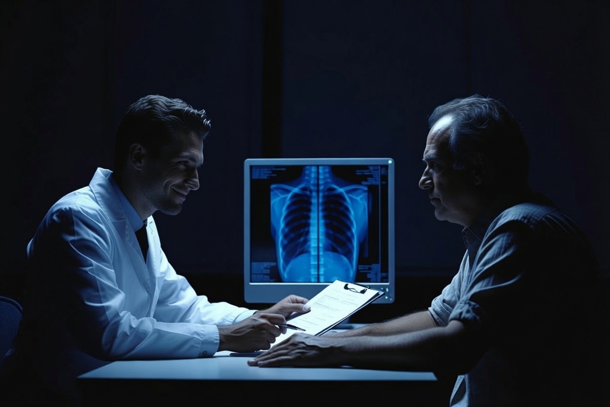Doctor reviewing medical reports and imaging with an injured federal worker for an OWCP claim