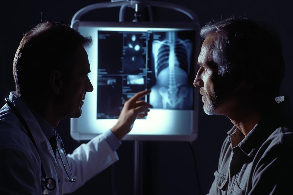 Doctor reviewing an X-ray with an injured worker to document a workers' compensation claim